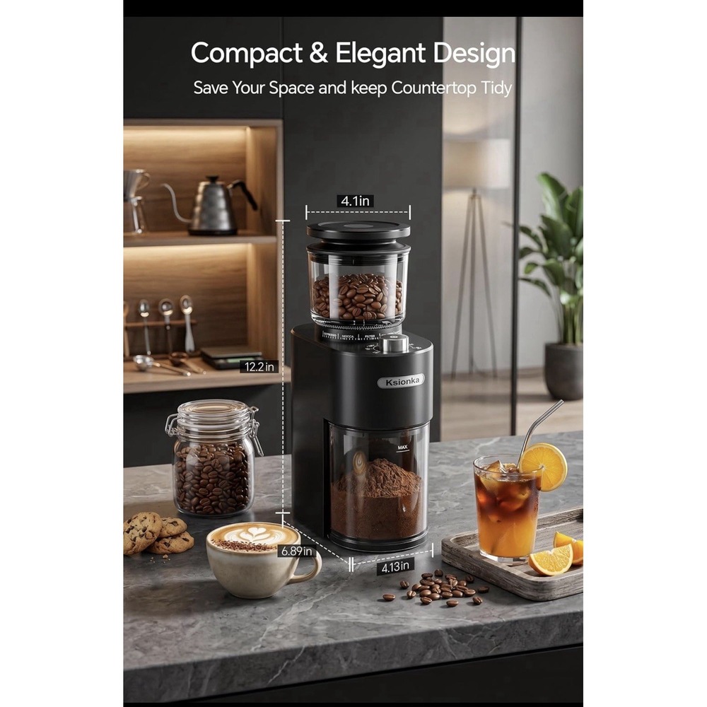 Ksionka Conical Burr Coffee Grinder 38 Settings Anti-Static Espresso 2-12 Cups